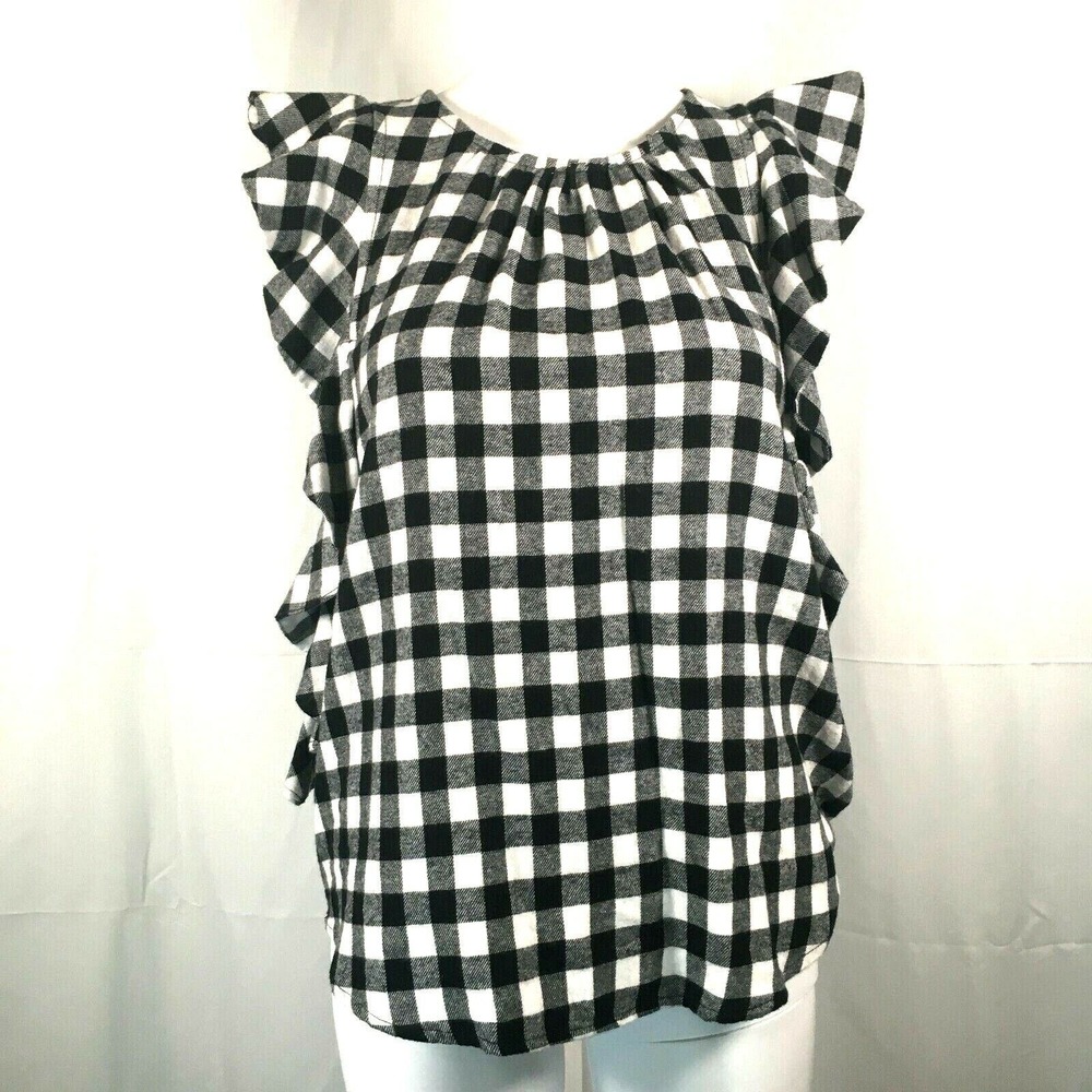 Harlowe & Graham Shirt Womens Sz S Black‎ White Check Plaid Short Flutter Sleeve